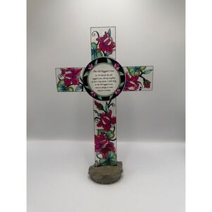 Amia Hand Painted Glass The Old Rugged Cross Floral Religious Decor Rock Base